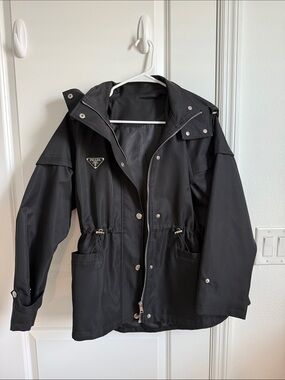 Prada Black Hooded Drawstring Raincoat
